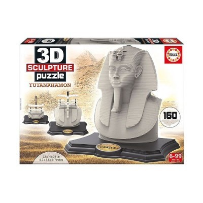 Caixa de puzzle 3D escultura Tutankhamon com 160 peças na cor bege e base preta.