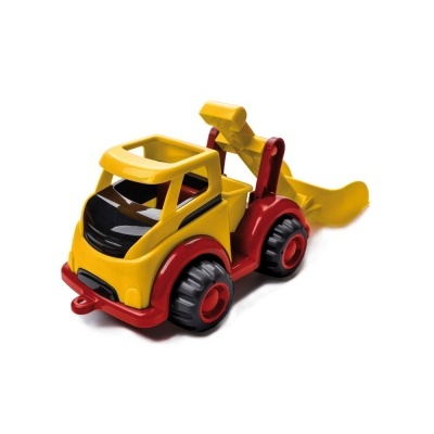Carrinho de brinquedo amarelo, vermelho e preto com pá mecânica