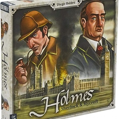 Caixa de jogo de tabuleiro Holmes Sherlock & Mycroft com ilustração de dois homens e Big Ben.