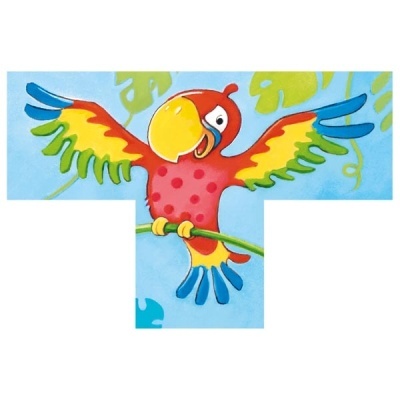 Ilustração de papagaio colorido com asas abertas sobre fundo azul