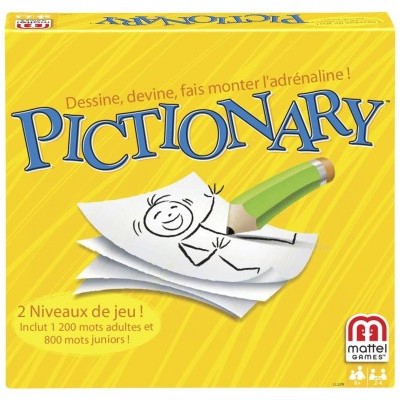 Caixa do jogo Pictionary amarelo com desenho a lápis de um boneco em papel dobrado