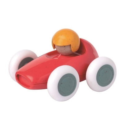 Brinquedo de carro de corrida em madeira com condutor laranja