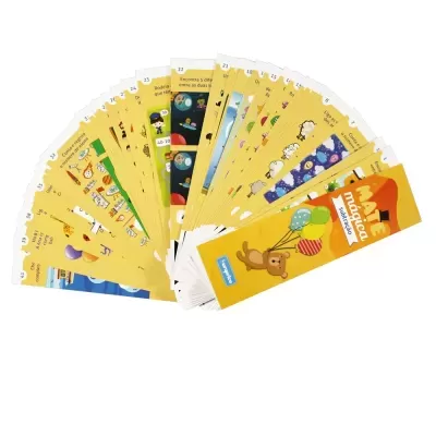 Cartões didáticos coloridos em leque com ilustrações e texto em português