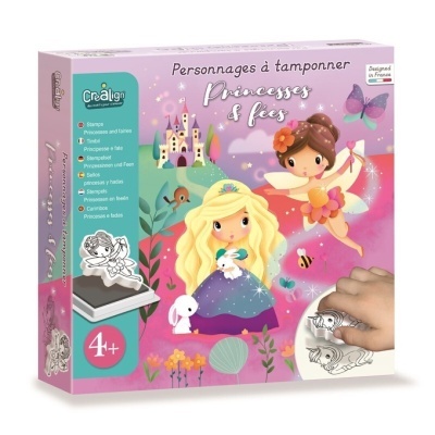 Caixa de carimbos Princesas e Fadas com ilustrações coloridas e indicação 4+