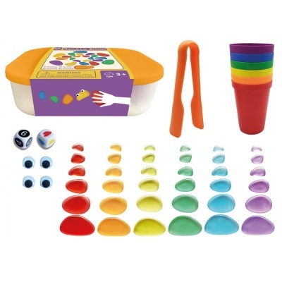 Conjunto de brinquedo educativo com caixa, pinça, copos e peças coloridas