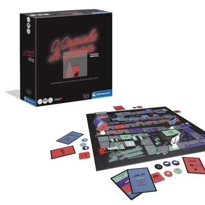 Jogo de tabuleiro O Caminho do Horror com caixa preta e componentes coloridos