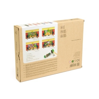 Caixa embalagem de brinquedo em papelão castanho com imagens coloridas e texto de segurança