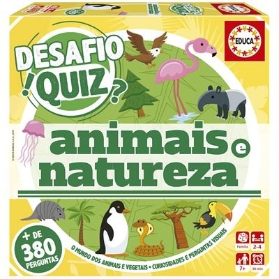 Caixa de jogo de quiz animais e natureza com imagens de vários animais e informação do jogo.