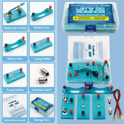 Conjunto de experimento científico STEM com peças e caixa de armazenamento.