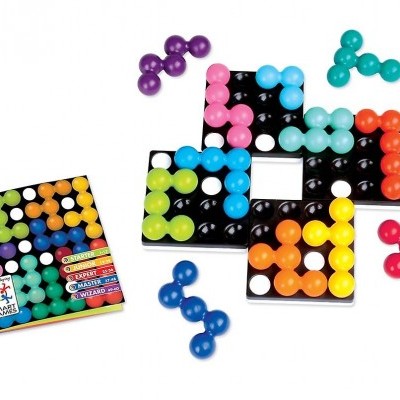 Jogo de tabuleiro de peças coloridas em base preta quadrada e embalagem cartonada colorida