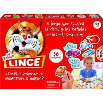 Embalagem vermelha do jogo Mi Primer Lince com lince e criança a brincar
