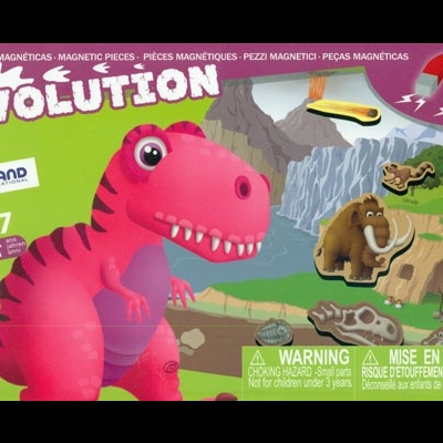 Jogo EVOLUTION peças magnéticas com dinossauro rosa e elementos pré-históricos em fundo colorido