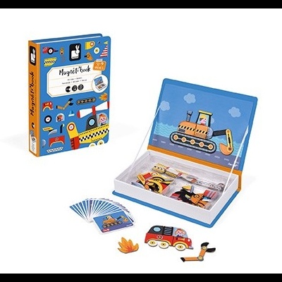 Brinquedo educativo Magnét'book com peças magnéticas para construir veículos em caixa azul