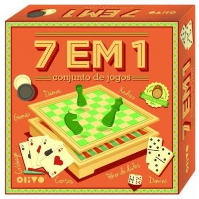 Caixa de conjunto de jogos 7 EM 1 com tabuleiros, peças de xadrez, cartas e dominós