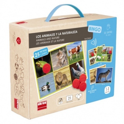 Jogo educativo Bingo com 25 cartas sobre animais e natureza em caixa de cartão com imagens de vários animais.