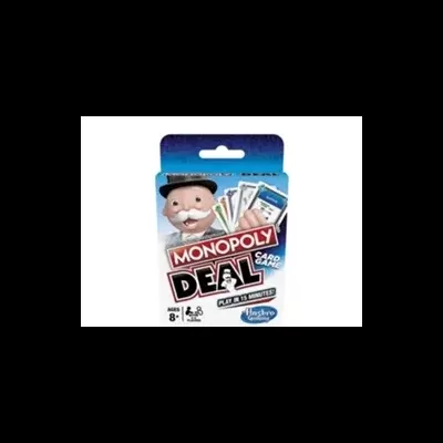 Jogo de cartas Monopoly Deal em embalagem azul com o personagem monocelha e cartas exibidas