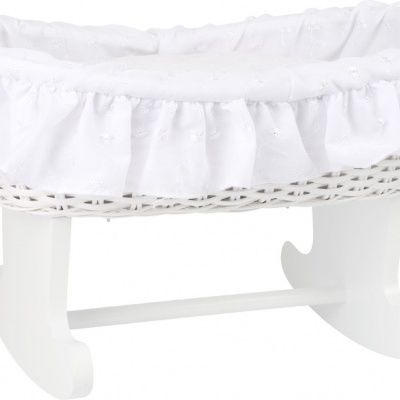 Berço branco em vime com base de madeira e forro branco com babado