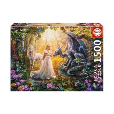 Quebra-cabeças EDUCA 1500 peças com mulher, cavalo e dragão numa floresta colorida
