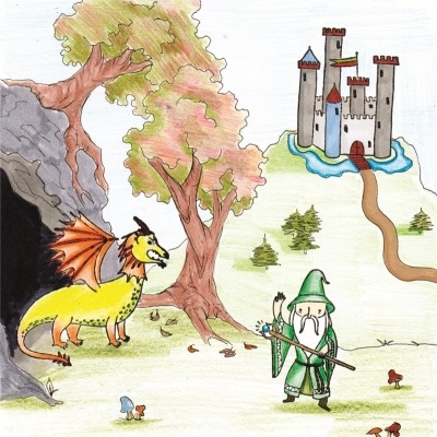 Desenho de dragão amarelo, mago verde, árvores, cogumelos e castelo no fundo.