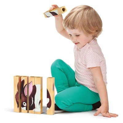 Criança a brincar com blocos de madeira de coelho
