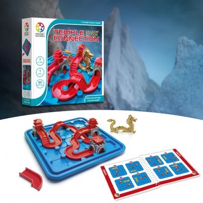 Jogo de puzzle 'Temple Connection' com tabuleiro azul, peças vermelhas e dragão dourado