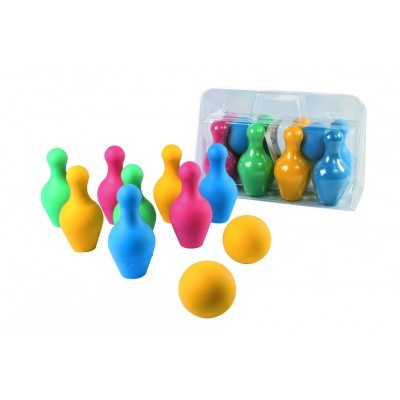 Conjunto colorido mini pinos de bowling com bolas amarelas em caixa transparente