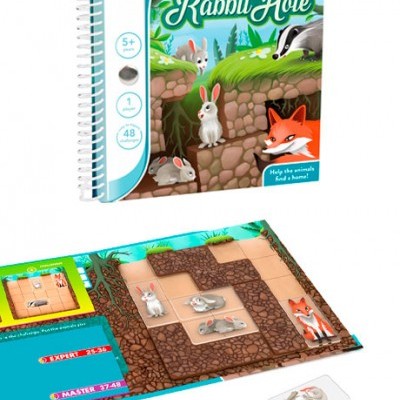 Jogo de puzzle magnético down the Rabbit Hole com peças de animais como coelhos, raposa e texugo