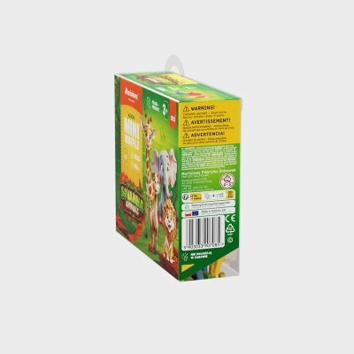 Caixa de brinquedo educativo PlayMais com ilustrações de animais e avisos.