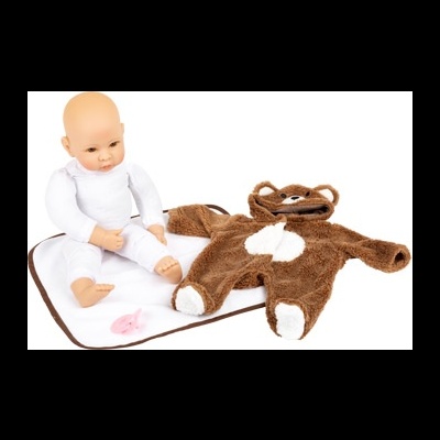 Roupão de banho castanho para bebé com capuz e orelhas, boneca bebé e tapete branco com bordas castanhas