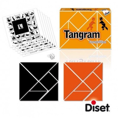 Jogo de tangram Diset com caixa laranja, bases preta e laranja, dado e cartas com silhuetas.
