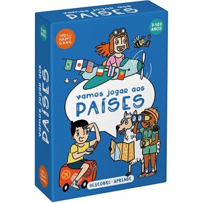 Caixa azul de jogo infantil vamos jogar aos PAÍSES com ilustrações de crianças e avião