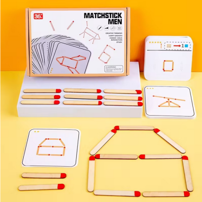 Conjunto educativo Matchstick Men com fósforos de madeira e cartas ilustradas em fundo amarelo