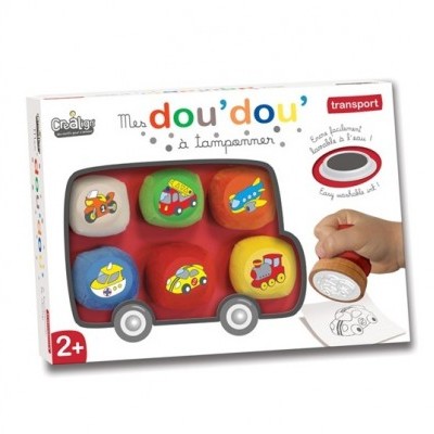 Brinquedo caixa com 6 carimbos de madeira coloridos com desenhos de veículos e embalagem com texto em francês