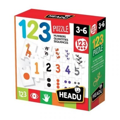 Caixa de puzzle educativo Headu 123 para crianças com números e animais.