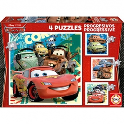 Caixa vermelha com 4 puzzles progressivos da Disney Pixar Cars com carros animados coloridos