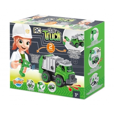 Caixa de brinquedo RC Waste Truck com camião de lixo verde e cinza e chave de fendas elétrica para montagem