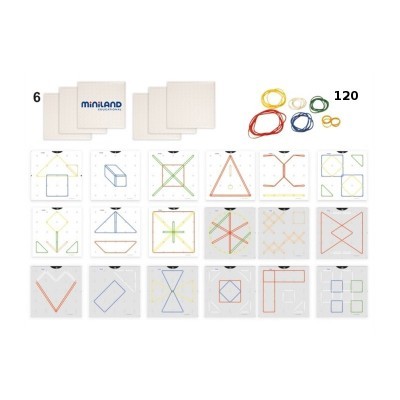 Jogo educativo com placas brancas e elásticos coloridos para montar padrões geométricos