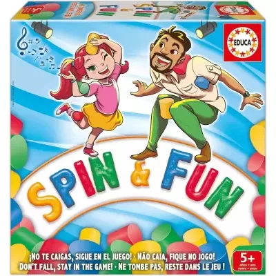 Caixa do jogo Spin & Fun da EDUCA com ilustração de personagens e bolas coloridas