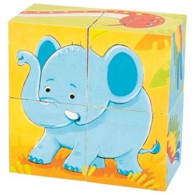 Cubos de madeira com ilustração de elefante azul