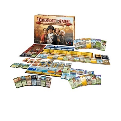 Jogo de tabuleiro Through the Ages com cartas, tabuleiro e caixa