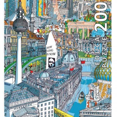 Embalagem de puzzle de 200 peças com uma ilustração colorida de uma cidade e um painel com texto
