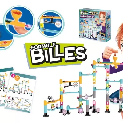 Brinquedo de construção de tubos coloridos com bolas, manual e caixa com texto FORMULE BILLES.