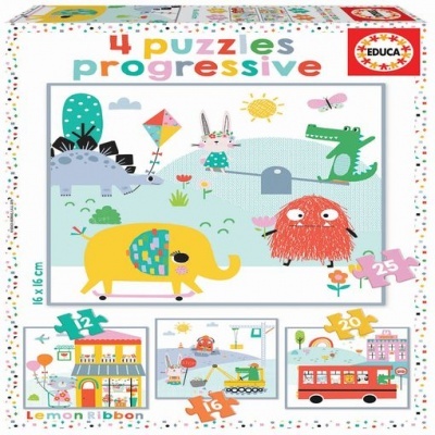 Caixa de 4 puzzles progressivos coloridos com ilustrações infantis e texto EDUCA