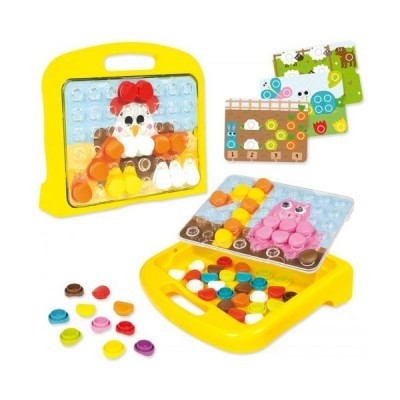 Brinquedo educativo amarelo com peças coloridas para formar imagens de animais e cartões de padrões