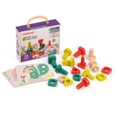 Conjunto de blocos de madeira coloridos ECO Miniland com parafusos e cartões ilustrados em fundo branco