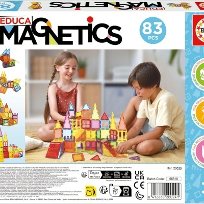 Caixa do brinquedo EDUCA MAGNETICS com 83 peças coloridas e duas crianças a brincar com blocos magnéticos