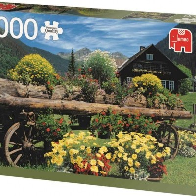 Caixa de puzzle com imagem de carrinho de madeira com flores coloridas em campo