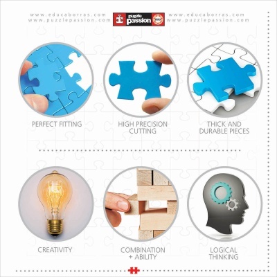 Imagem com seis círculos mostrando peças de puzzle e ícones, e texto em inglês sobre precisão e habilidades.