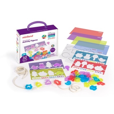 Conjunto de brinquedos educativos com figuras coloridas, cartões e cordão