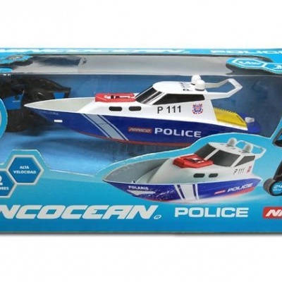 Brinquedo barco polícia com controlo remoto em caixa azul